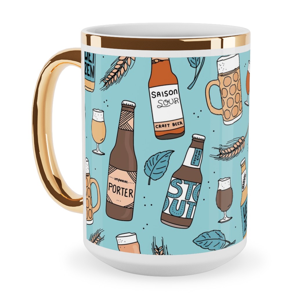 Cheers Craft Beer and Glasses Ceramic Mug, Gold Handle, , 15oz, Multicolor, Breeze