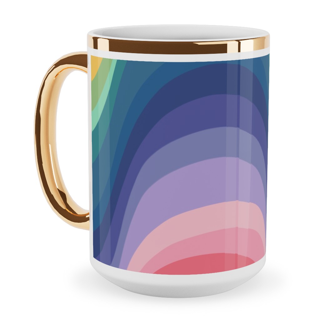 Wavy Rainbow Stripes - Multicolor Ceramic Mug, Gold Handle, , 15oz, Multicolor