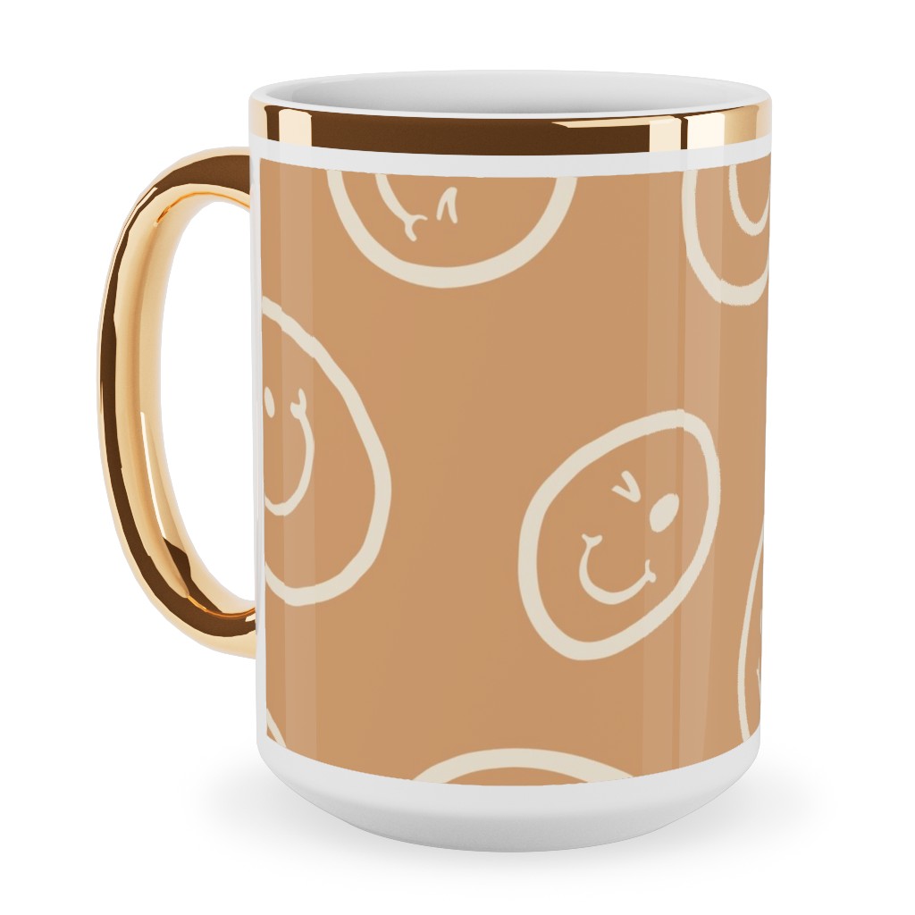 Smiley Winking Faces Ceramic Mug, Gold Handle, , 15oz, Beige, Beige