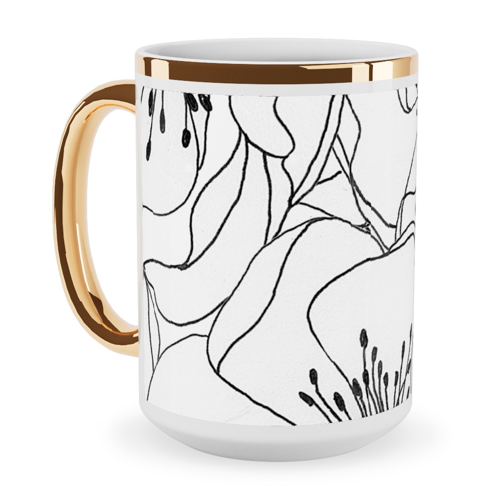 White Anemones - Neutral Ceramic Mug, Gold Handle, , 15oz, White, White