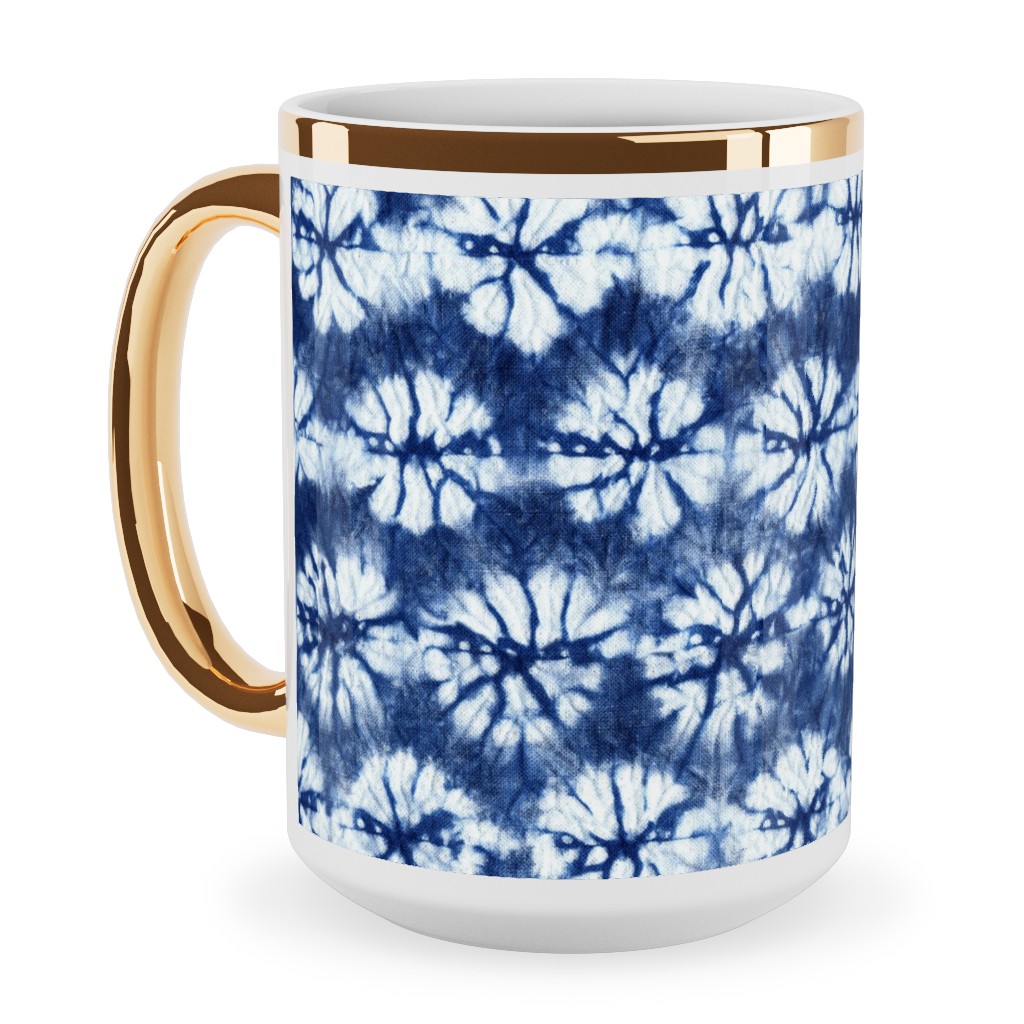 Shibori Pine - Blue Ceramic Mug, Gold Handle, , 15oz, Blue, True Blue