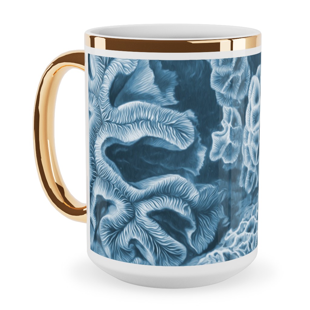 Coral All Over in Sea Blue Ceramic Mug, Gold Handle, , 15oz, Blue, True Blue