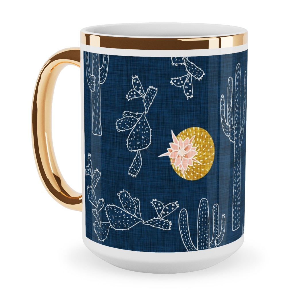 Cactus - Indigo Ceramic Mug, Gold Handle, , 15oz, Blue, True Blue