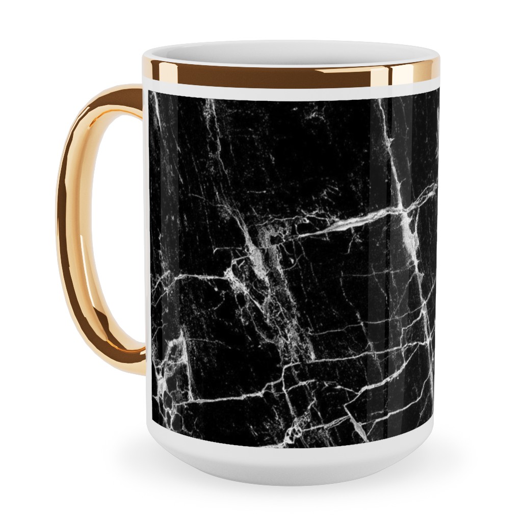 Cracked Black Marble Ceramic Mug, Gold Handle, , 15oz, Black, Black