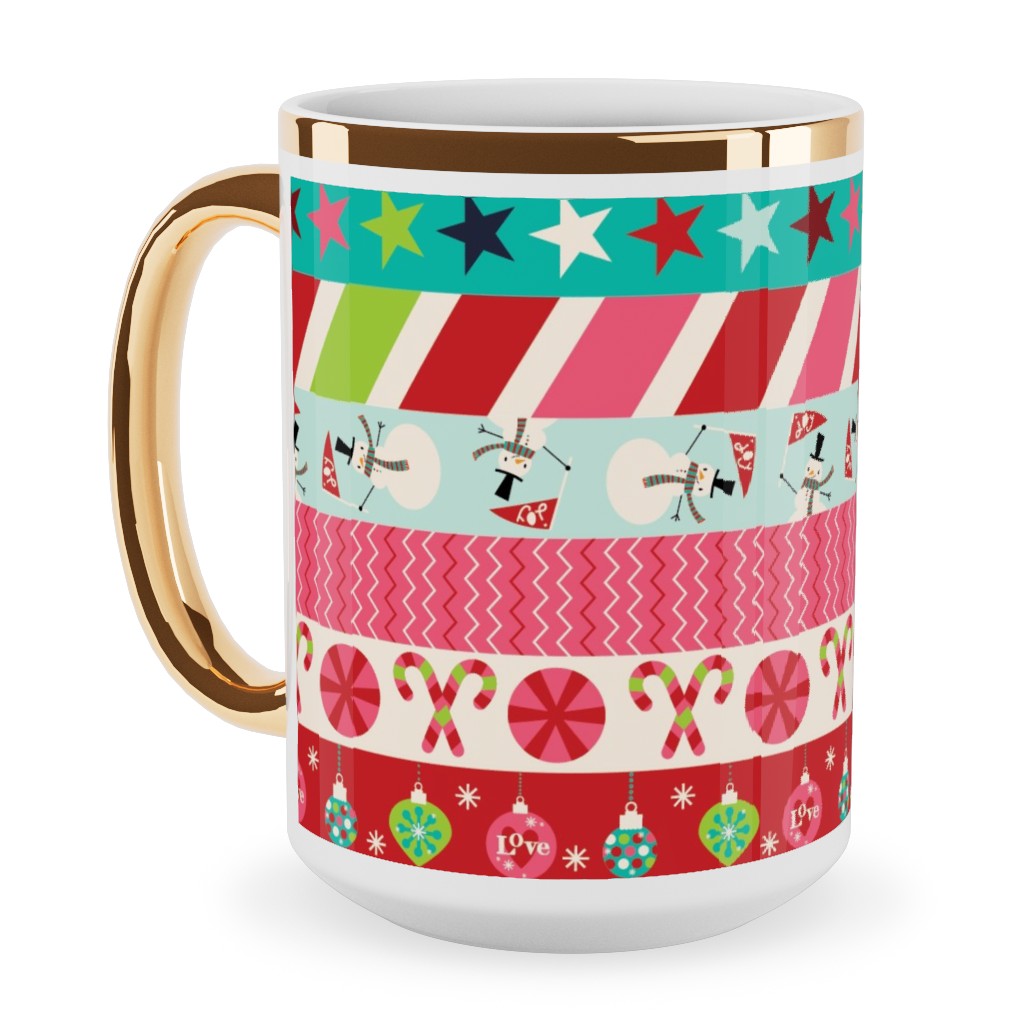 Washi Christmas Ceramic Mug, Gold Handle, , 15oz, Multicolor