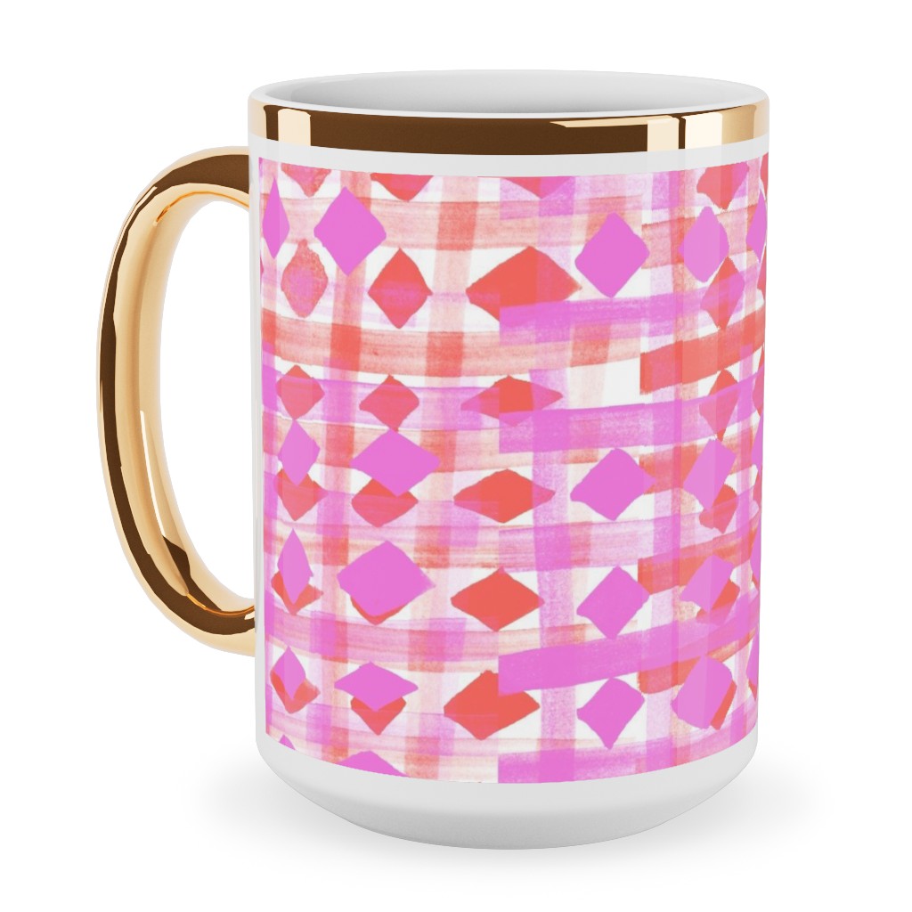 Brush Stripes Geometric - Pink Ceramic Mug, Gold Handle, , 15oz, Pink, Bright Pink
