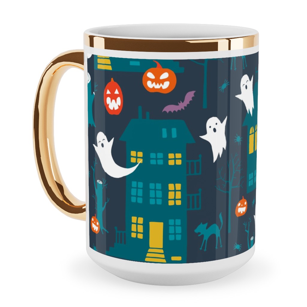 Haunted Halloween Houses - Multi Ceramic Mug, Gold Handle, , 15oz, Multicolor