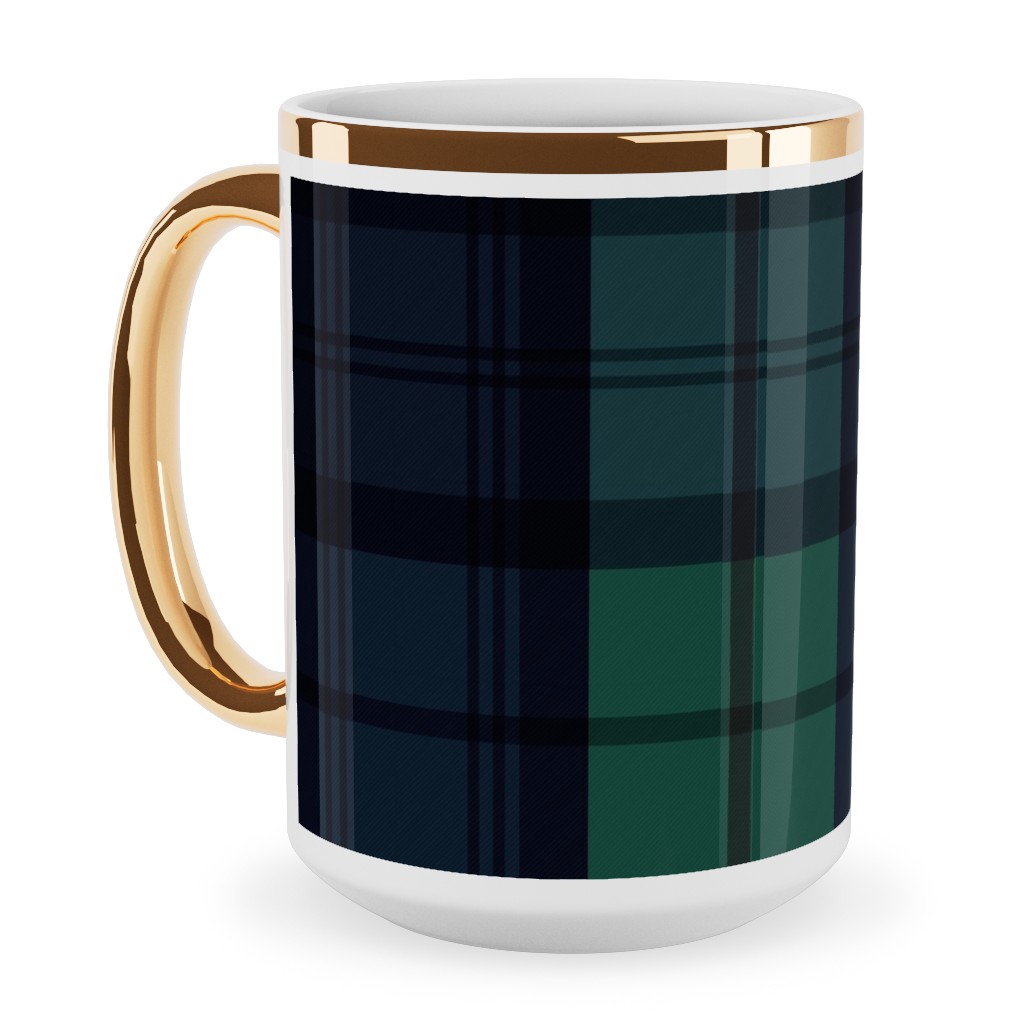 Dark Green Plaid Ceramic Mug, Gold Handle, , 15oz, Green, Classic Green