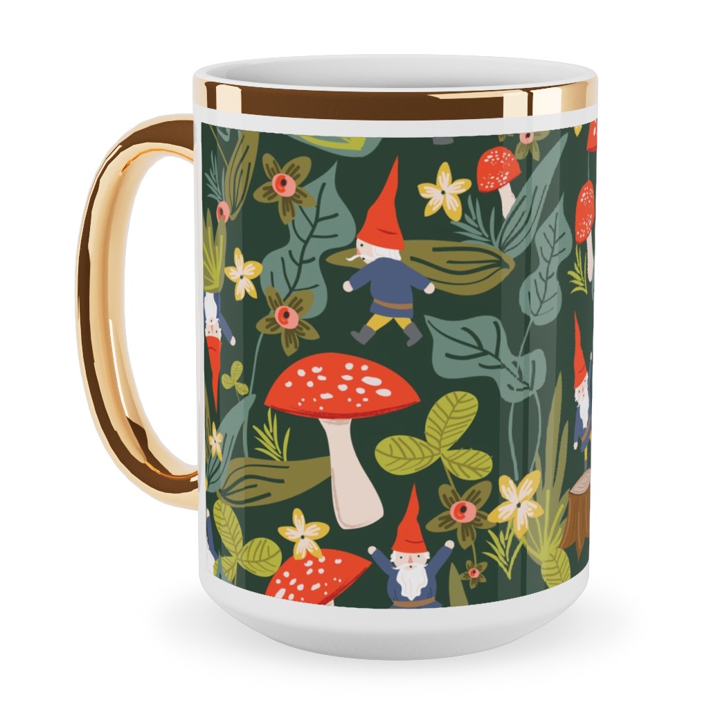 Woodland Gnomes - Green Ceramic Mug, Gold Handle,  , 15oz, Green