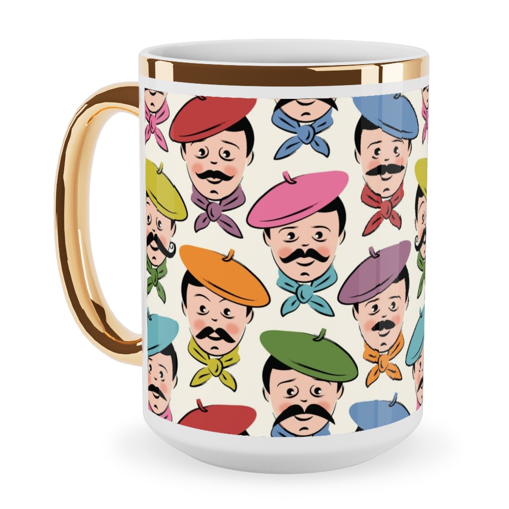 Men With Mustaches and Bandanas - Multi Ceramic Mug, Gold Handle,  , 15oz, Multicolor