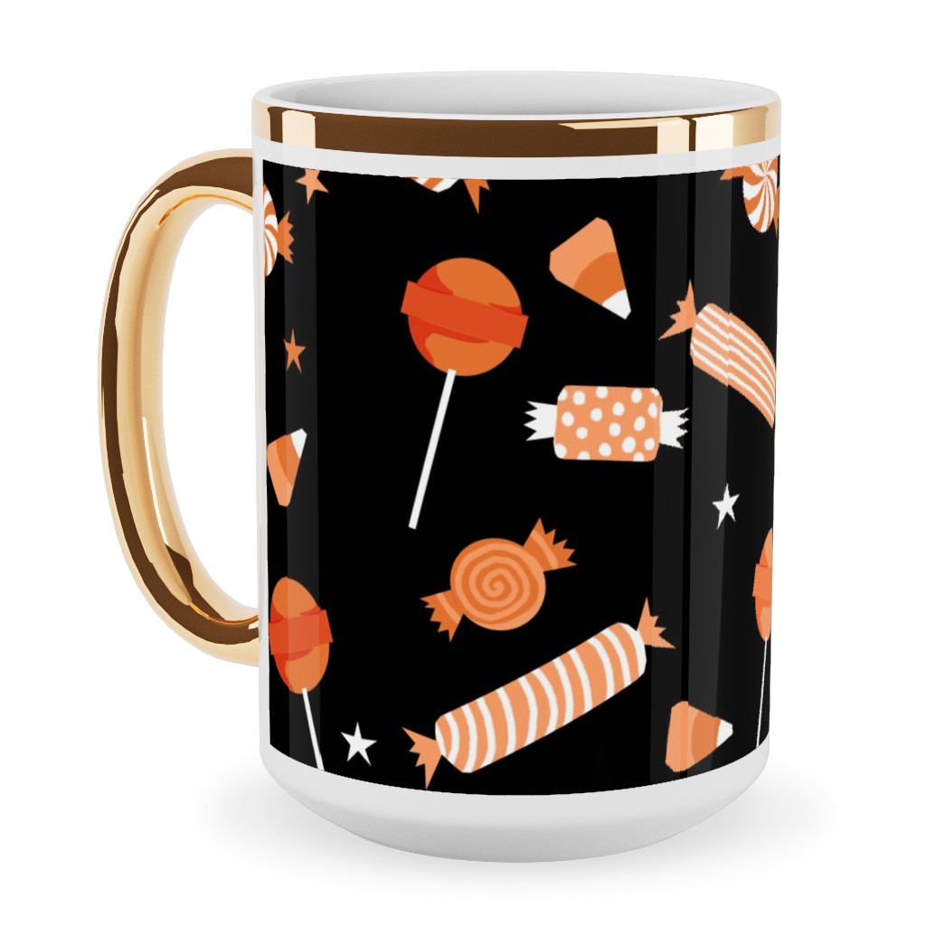 Halloween Candy - Orange and Black Ceramic Mug, Gold Handle, , 15oz, Black, Black