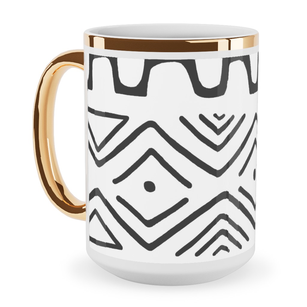 Mud Cloth - White Ceramic Mug, Gold Handle,  , 15oz, White