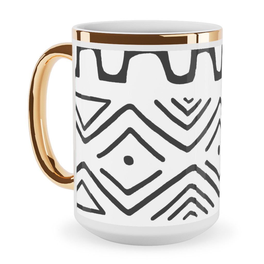 Mud Cloth - White Ceramic Mug, Gold Handle, , 15oz, White, White