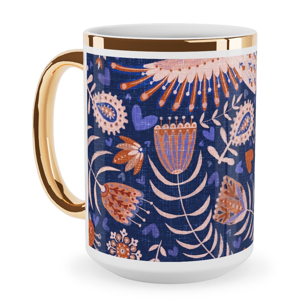 Swedish Folk Art Birds - Blue Ceramic Mug, Gold Handle,  , 15oz, Blue
