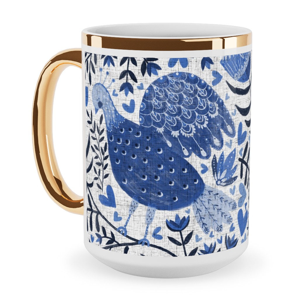 Scandinavian Birds - Indigo Blue Ceramic Mug, Gold Handle,  , 15oz, Blue