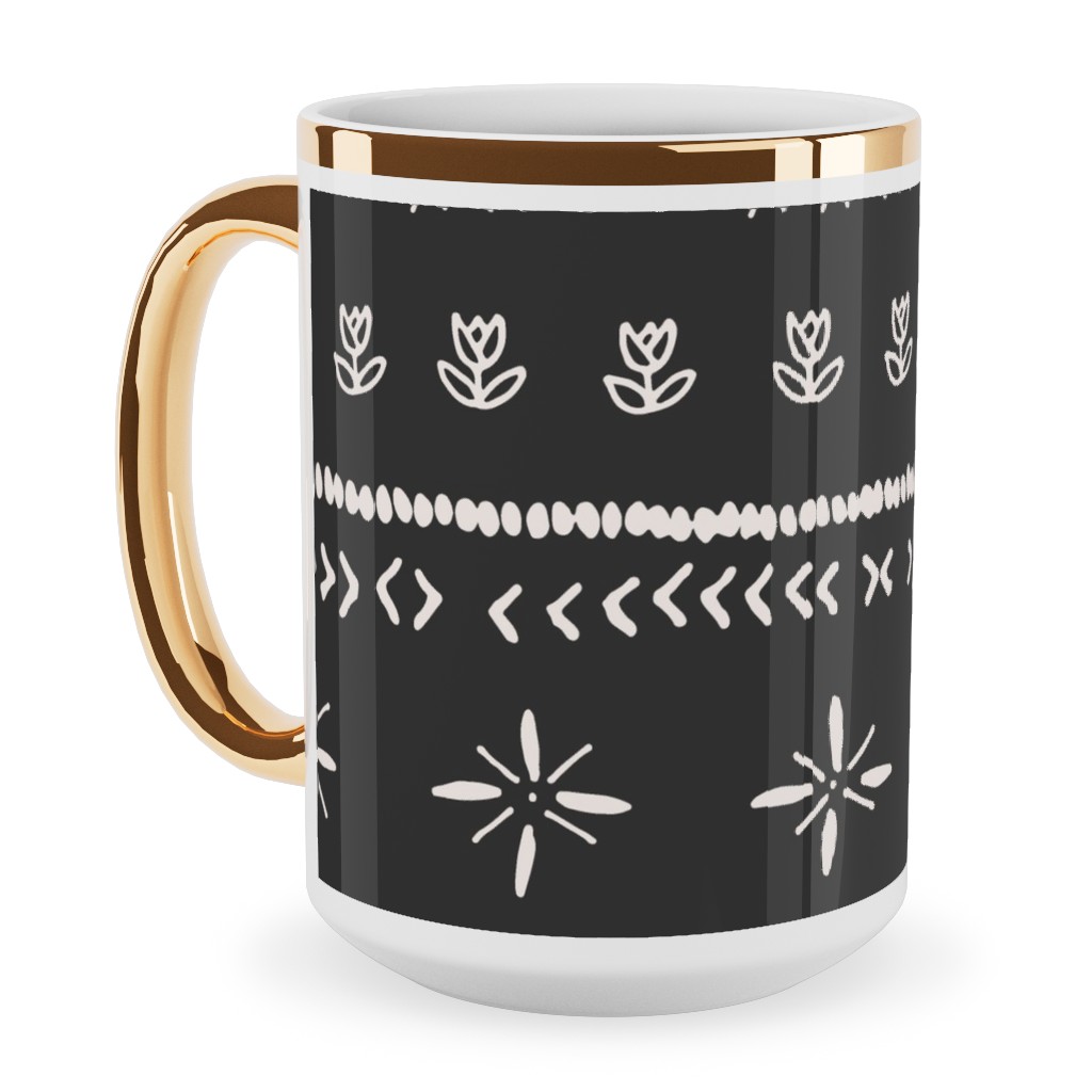 Boho Print Ceramic Mug, Gold Handle, , 15oz, Black, Silhouette