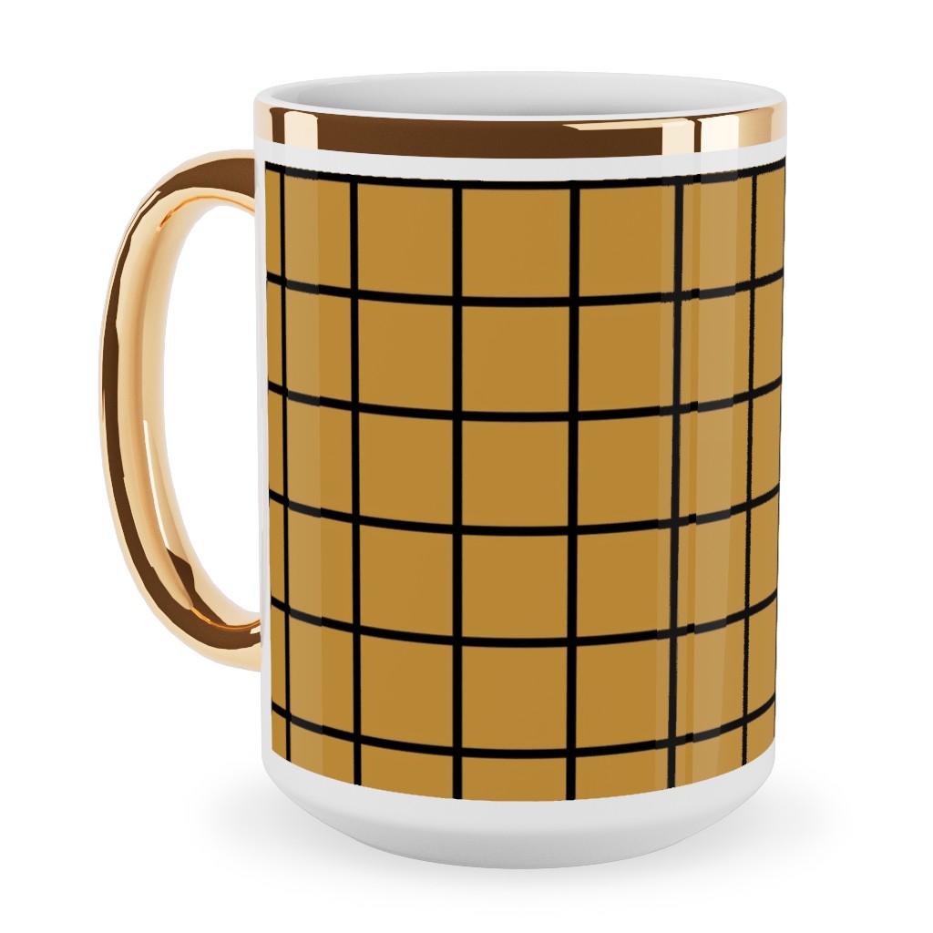 Square Grid Ceramic Mug, Gold Handle, , 15oz, Brown, Golden