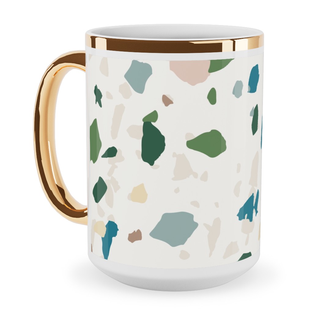 Terrazzo - Green on Cream Ceramic Mug, Gold Handle, , 15oz, Green, Classic Green