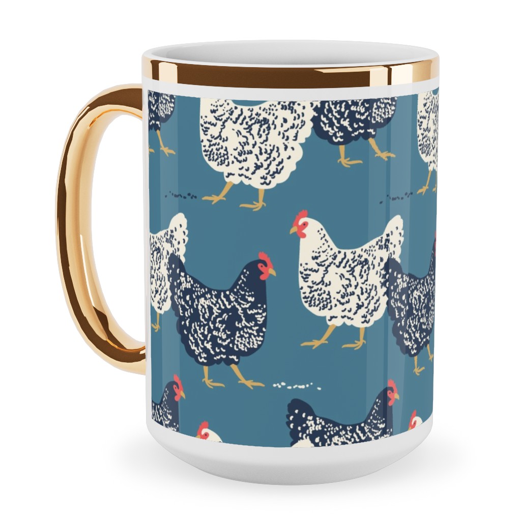 Farmhouse Chickens - Blue Ceramic Mug, Gold Handle,  , 15oz, Blue