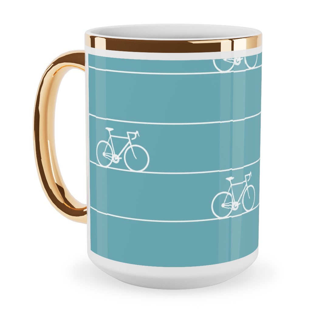 Biking Ceramic Mug, Gold Handle,  , 15oz, Blue