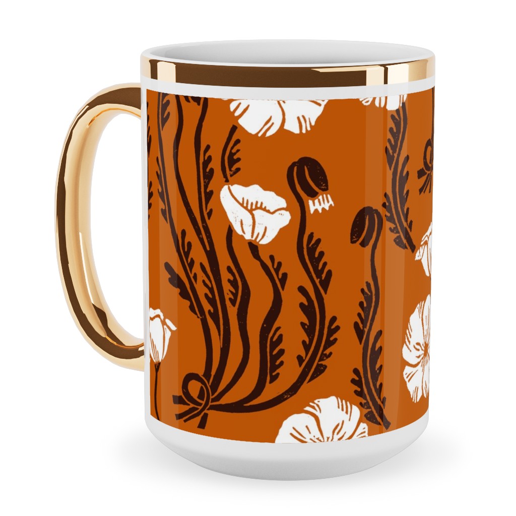 Poppy, Fall Harvest Block Printed Vintage Florals Ceramic Mug, Gold Handle,  , 15oz, Orange