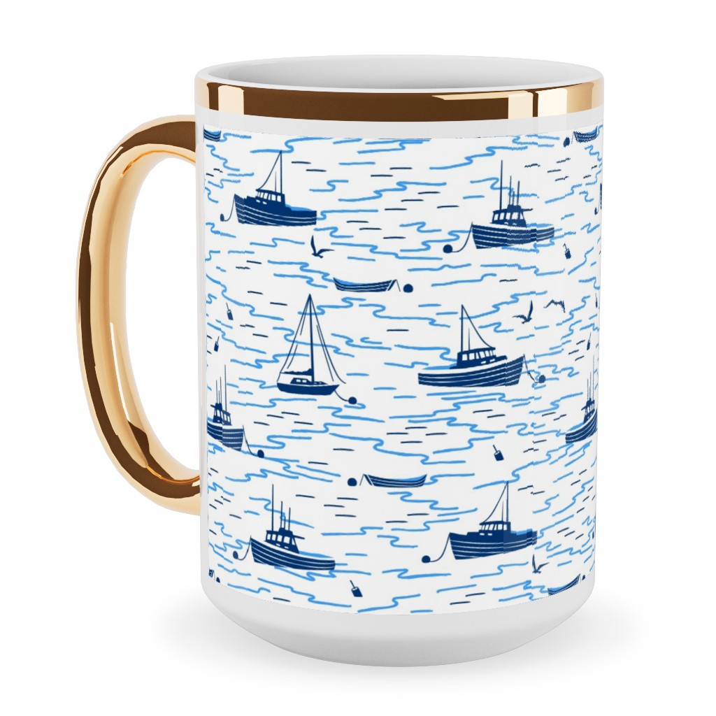 Harbor Boats - White Ceramic Mug, Gold Handle, , 15oz, Blue, True Blue