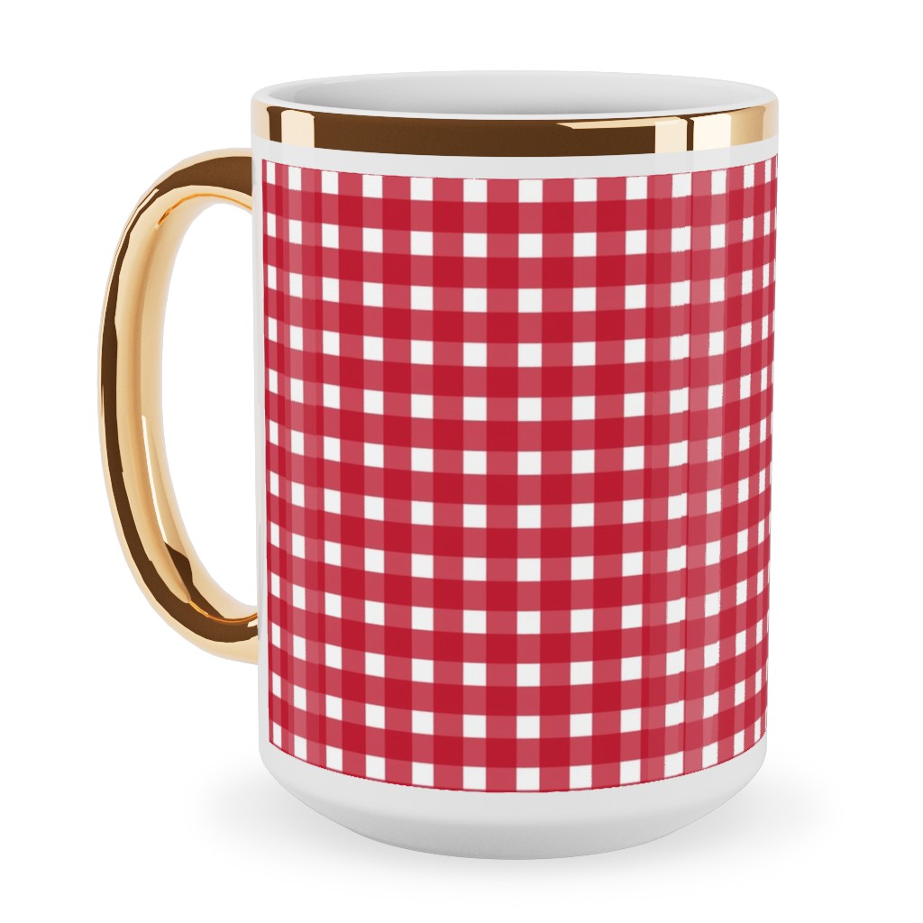 Classic Gingham - Red Ceramic Mug, Gold Handle,  , 15oz, Red
