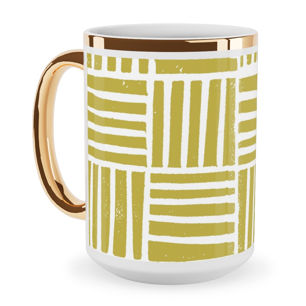 Thatch Stripe Grid - Yellow Ceramic Mug, Gold Handle, , 15oz, Yellow, Classic Yellow