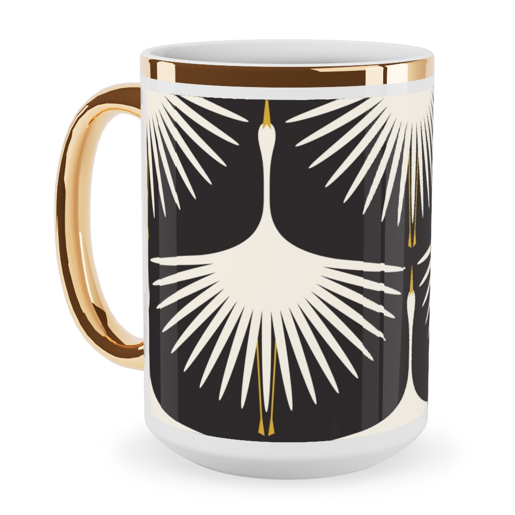 Art Deco Swans Ceramic Mug, Gold Handle,  , 15oz, Black