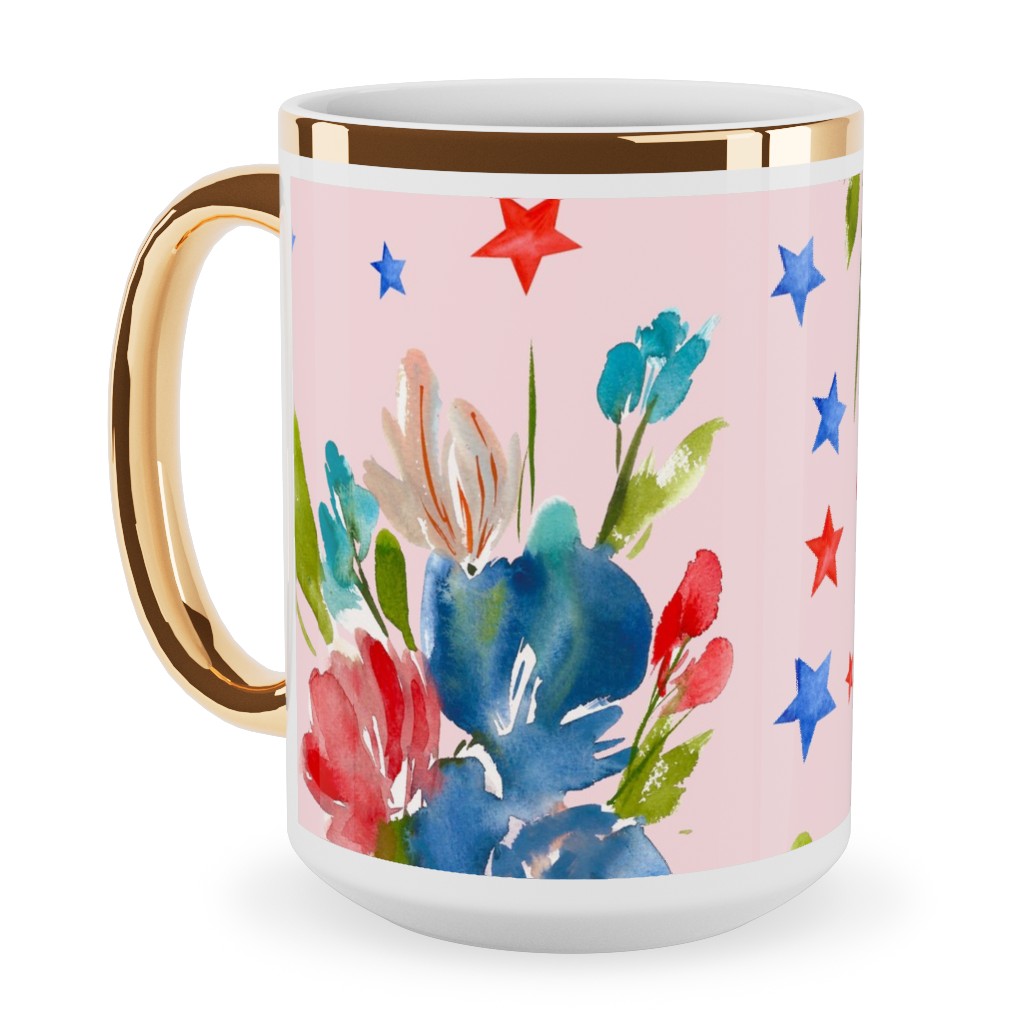 4th of July Florals - Pink Ceramic Mug, Gold Handle, , 15oz, Pink, Bright Pink
