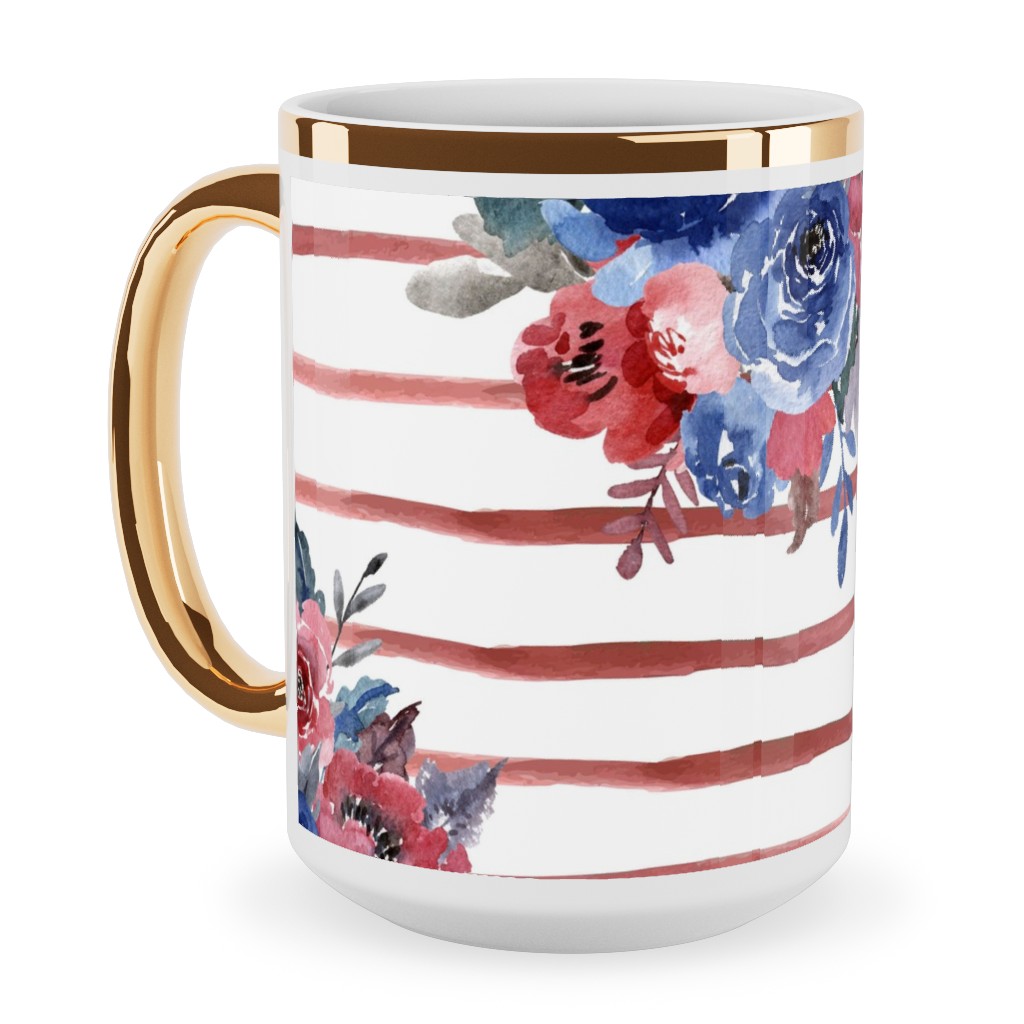 Freedom Florals With Red Stripes - Multi Ceramic Mug, Gold Handle,  , 15oz, Red