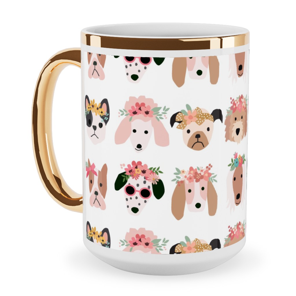 Puppy Dogs With Floral Crowns Ceramic Mug, Gold Handle,  , 15oz, Multicolor