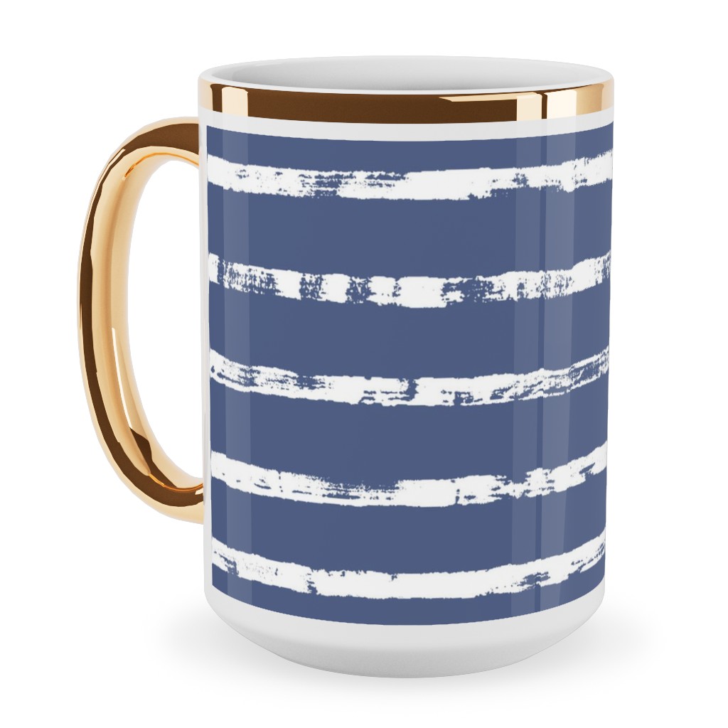 Distressed Dusty Blue and White Stripes Ceramic Mug, Gold Handle,  , 15oz, Blue