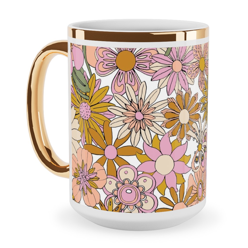 Chelsea Vintage Floral Garden - Pink Ceramic Mug, Gold Handle,  , 15oz, Pink