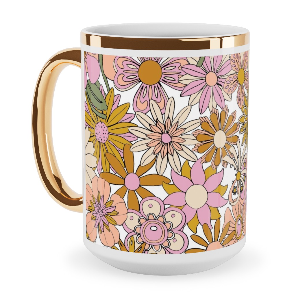 Chelsea Vintage Floral Garden - Pink Ceramic Mug, Gold Handle,  , 15oz, Pink