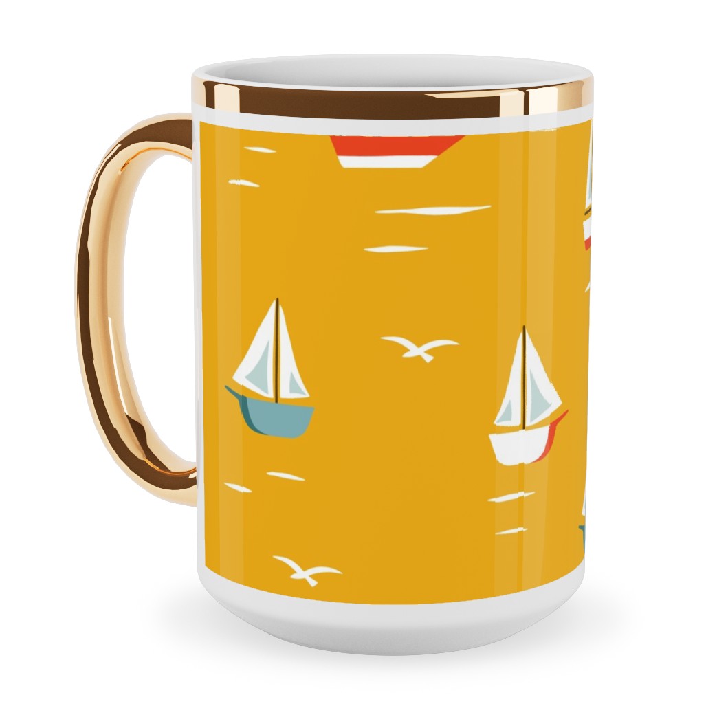 Sailboats Ceramic Mug, Gold Handle, , 15oz, Yellow, Eggyolk
