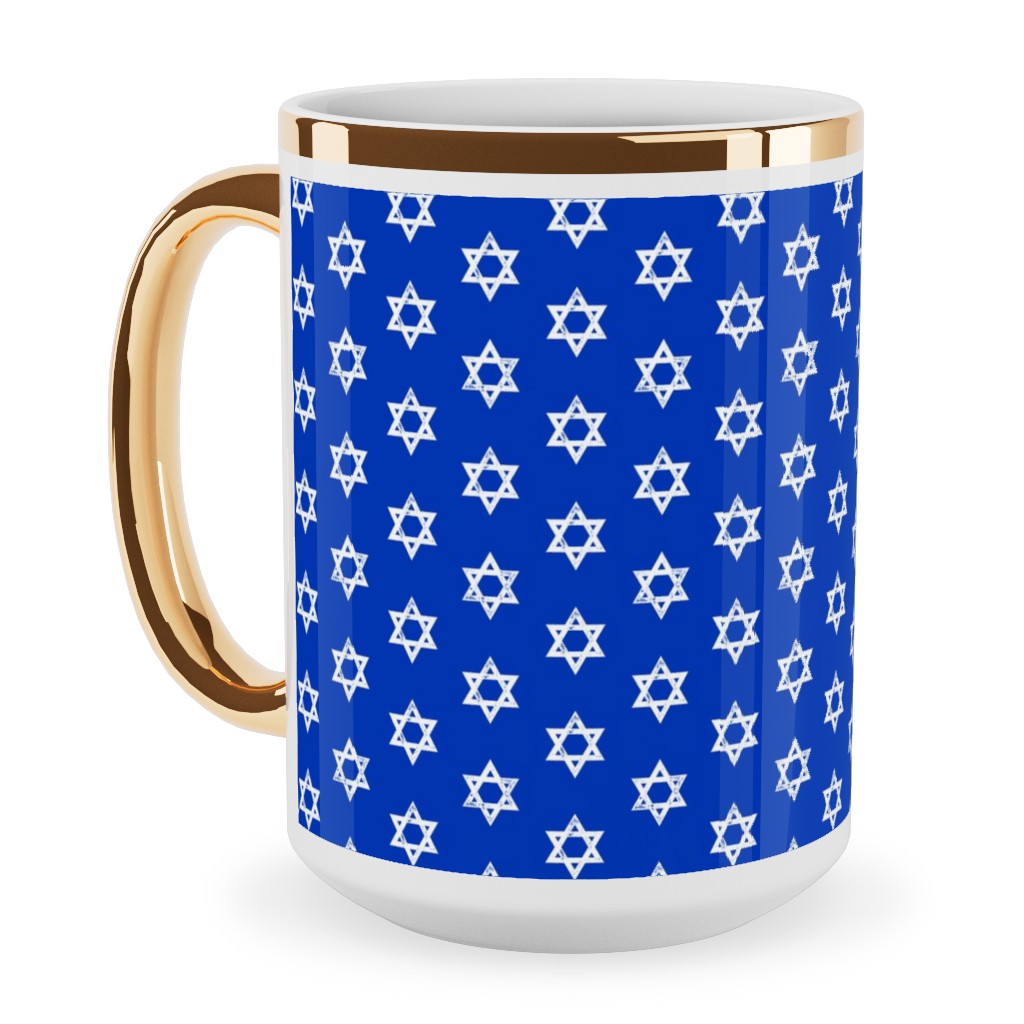 Star of David - White on Blue Ceramic Mug, Gold Handle, , 15oz, Blue, True Blue
