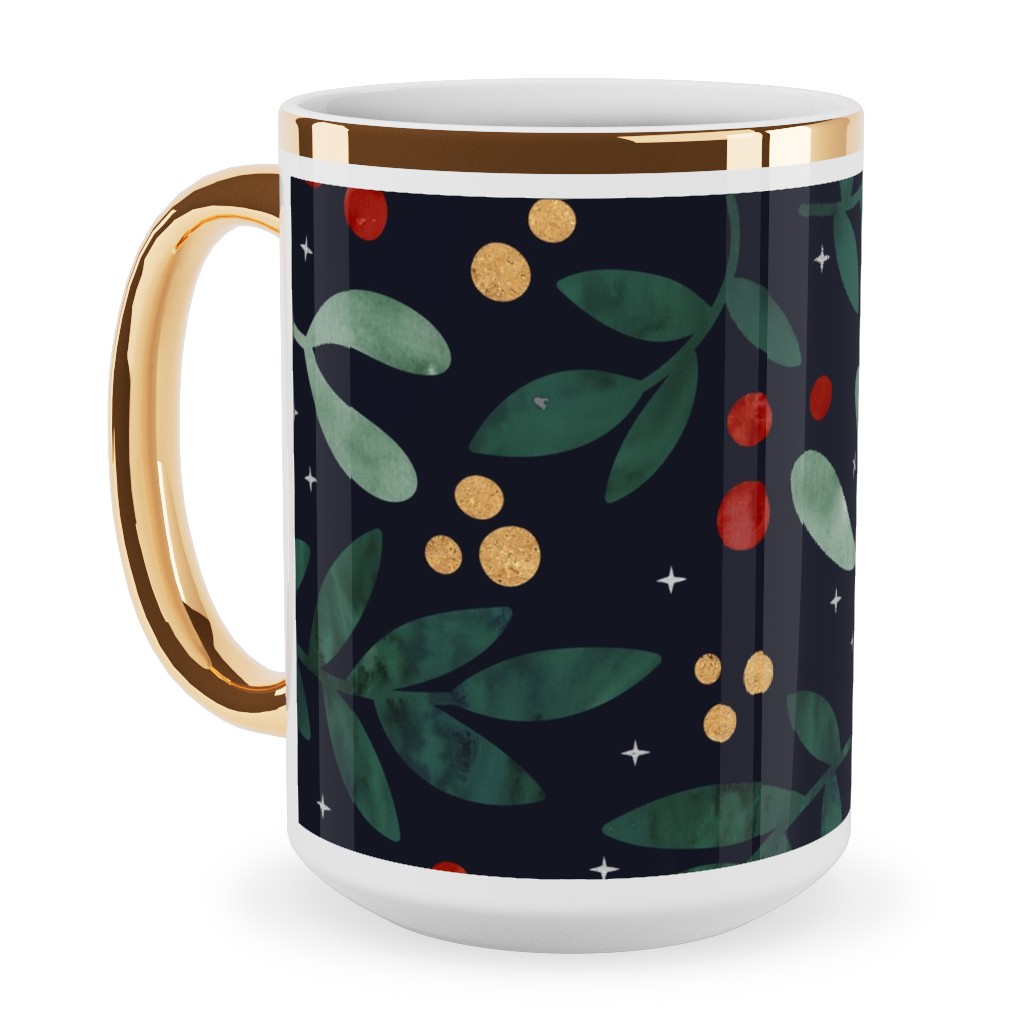 Christmas Berries - Dark Ceramic Mug, Gold Handle, , 15oz, Green, Classic Green