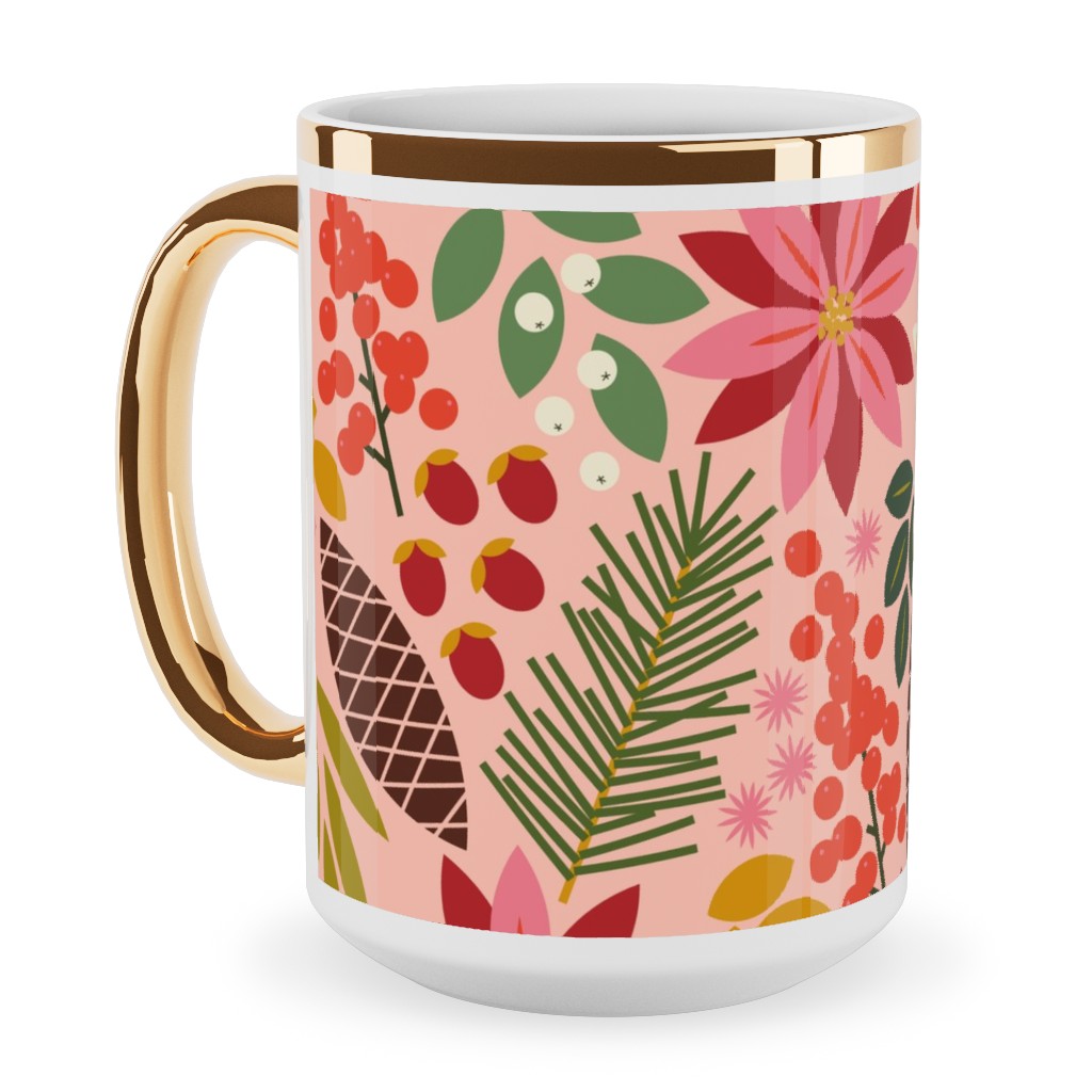 Pinecones and Berries - Pink Ceramic Mug, Gold Handle, , 15oz, Pink, Bright Pink