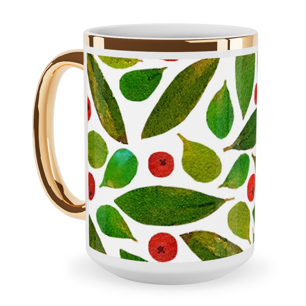 Holiday Greens and Berries Ceramic Mug, Gold Handle, , 15oz, Green, Classic Green