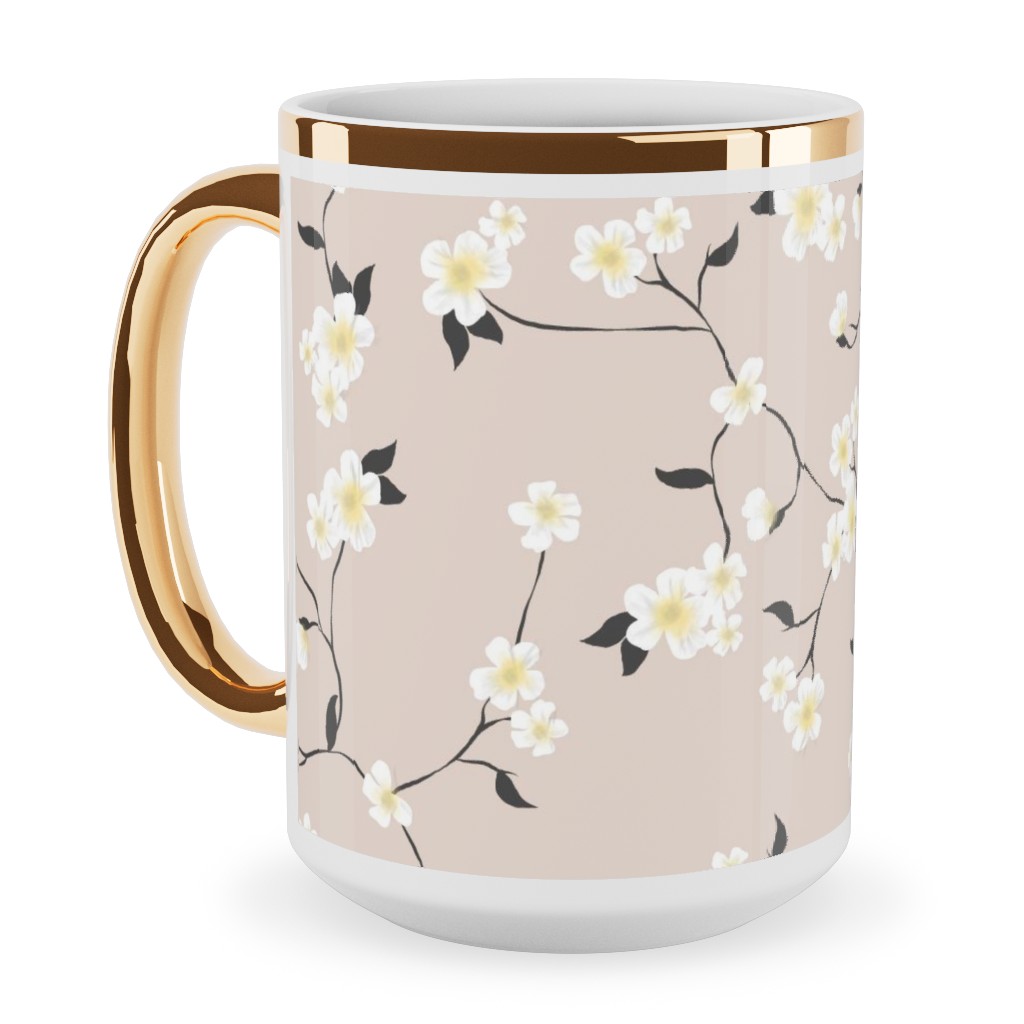 Climbing Flower - Pink Ceramic Mug, Gold Handle, , 15oz, Pink, Bright Pink