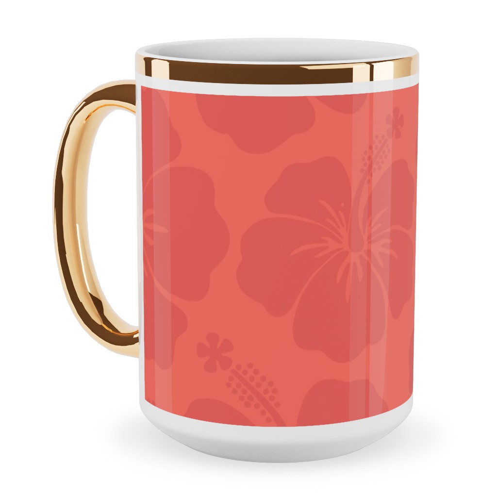 Hibiscus Florals - Coral and Red Ceramic Mug, Gold Handle,  , 15oz, Pink