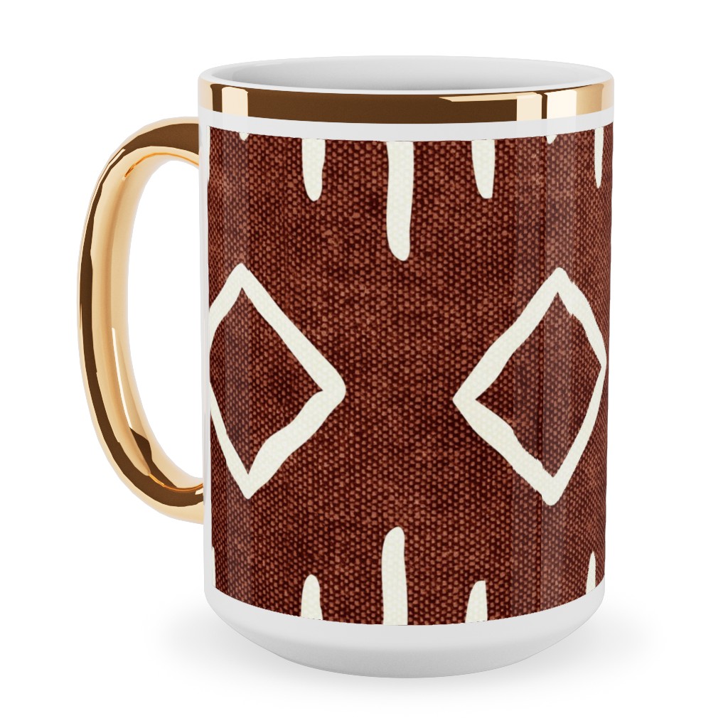 Diamond Mud Cloth Ceramic Mug, Gold Handle,  , 15oz, Brown
