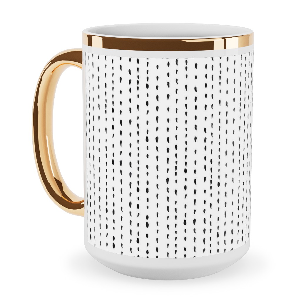 Woodland - Little Dots of Stripes - Black and White Ceramic Mug, Gold Handle, , 15oz, White, White