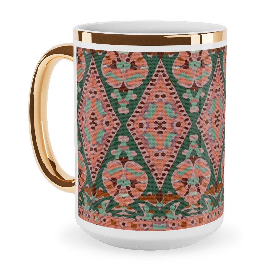 Enchanted Flori - Pink and Green Ceramic Mug, Gold Handle, , 15oz, Pink, Bright Pink