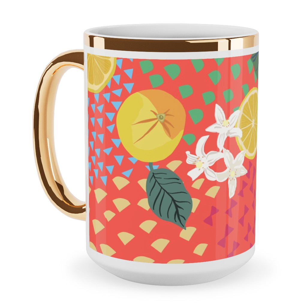 Lemon Flower and Pop - Pink Ceramic Mug, Gold Handle, , 15oz, Pink, Bright Pink