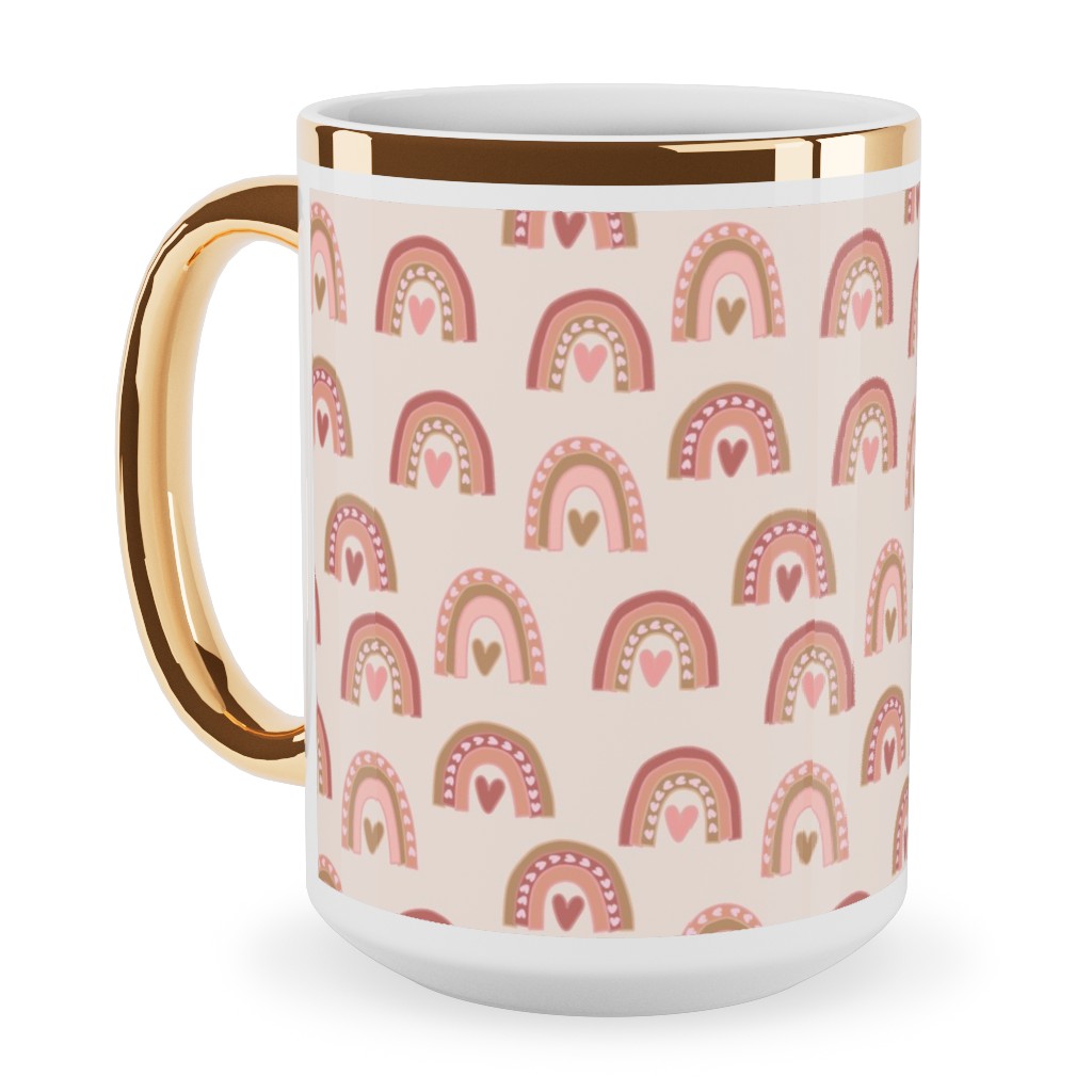 Hearts and Rainbows - Pink Ceramic Mug, Gold Handle, , 15oz, Pink, Bright Pink