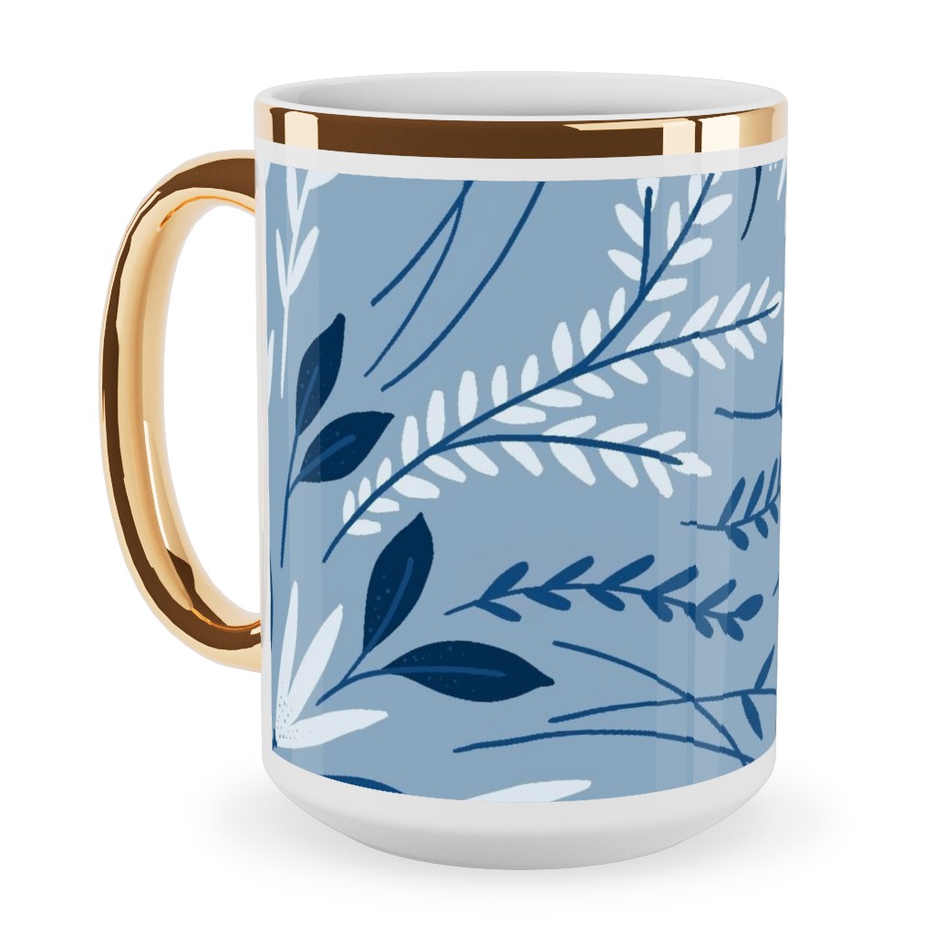 Dotty Floral - Blue Ceramic Mug, Gold Handle, , 15oz, Blue, True Blue