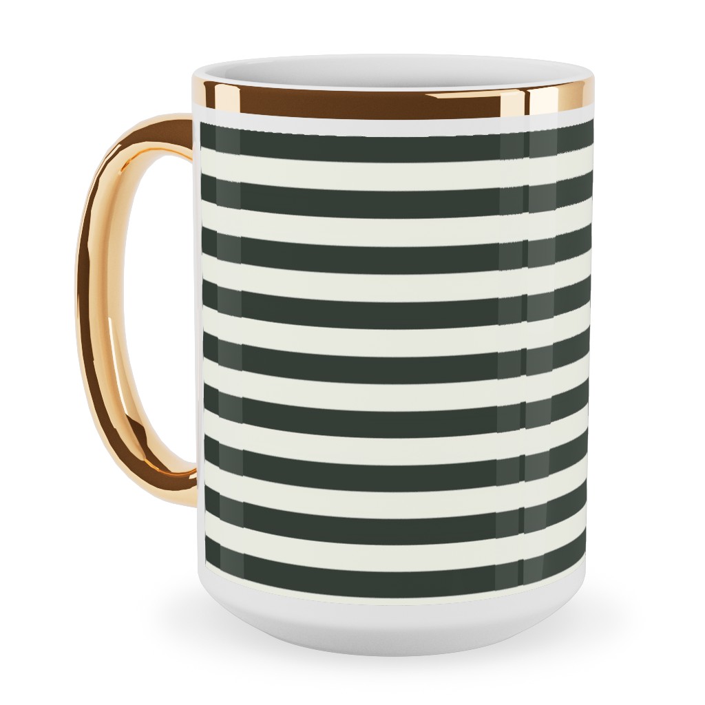 Stripe - Black and Cream Ceramic Mug, Gold Handle,  , 15oz, Black