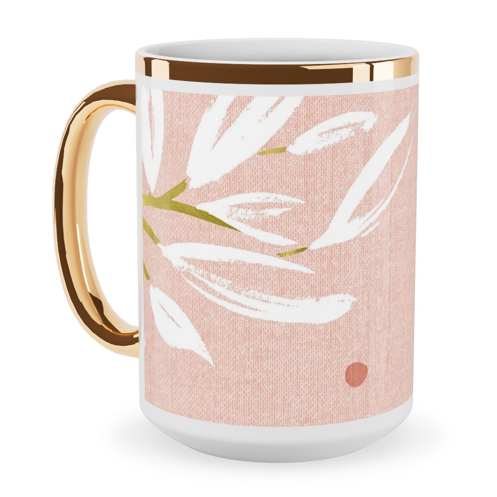 Zen - Gilded Leaves - Blush Pink Large Ceramic Mug, Gold Handle, , 15oz, Pink, Bright Pink